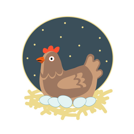 Cute happy hen sitting on her eggs in straw nest at night. Cartoon vector illustration isolated on white background. Can be used for farming, aviculture business, children's book.のイラスト素材