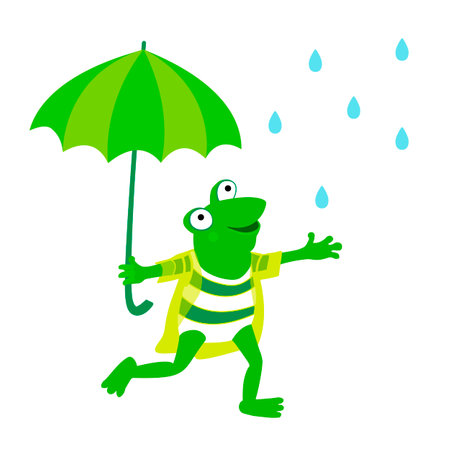 Happy little funny frog holding at umbrella and jumping in the rain. Flat vector illustration isolated on white background.のイラスト素材