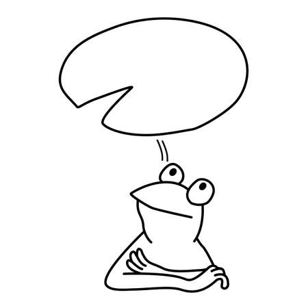 Hand drawn doodle illustration of thinking frog with speech bubble on a white background.のイラスト素材