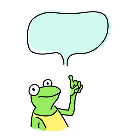 Funny green frog points to speech bubble. Simple colorful vector doodle illustration isolated on white background.のイラスト素材