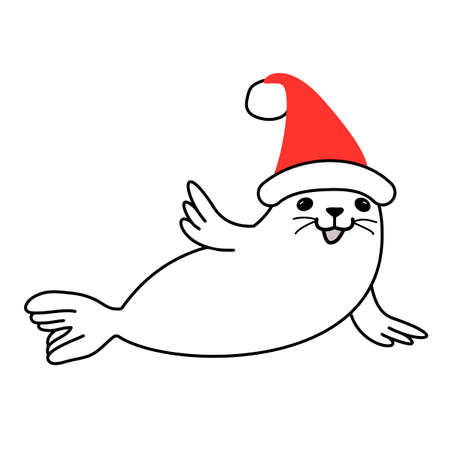Cute happy fur seal in red Santa hat lies on its side, waving his paw and smiling at you. Christmas ocean animal vector doodle illustration. Black outline isolated on white background.のイラスト素材
