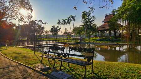 Beautiful view, two chairs in the garden at Suanluang.の写真素材