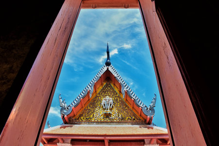The door and the sky at the temple.の写真素材