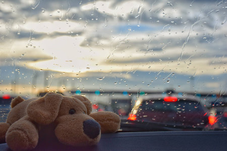 A doll in the car on the traffic jam.の写真素材