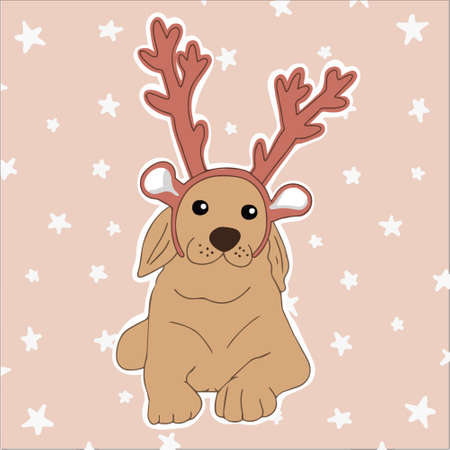Vector of a beautiful large breed dog, golden, with some Christmas reindeer antlers. With a lovely background.のイラスト素材