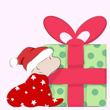 Pretty baby dressed in star full-length pajamas, bodysuit, and christmas hat looking at polka dot christmas present.のイラスト素材