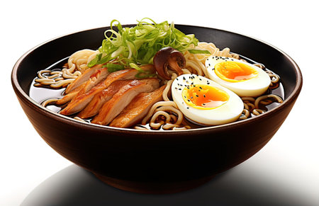 A delicious bowl of ramen with its eggs, vegetables and meatの素材