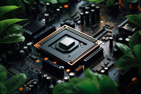 A plant growing among technology, electronic chips.の素材