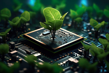A plant growing among technology, electronic chips.の素材