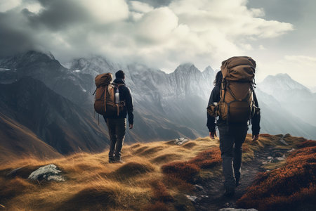 Two backpackers exploring incredible mountain landscapes, travel, and excursions.の素材