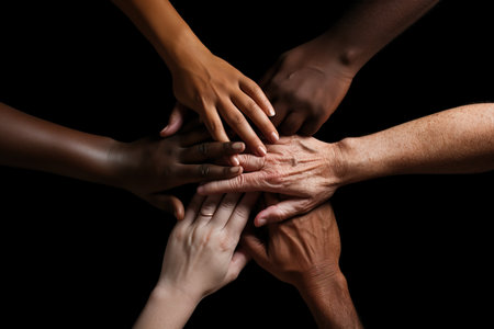 Hands joined in a gesture of collaboration, teamwork among different ethnicities.の素材