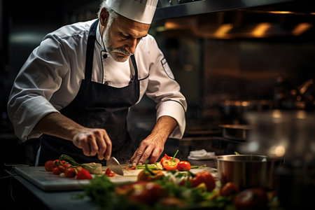 Gourmet cuisine, chef preparing exquisite dishes in an elegant kitchen.の素材