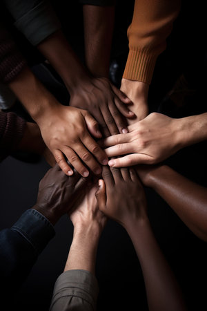 Foto de Hands joined in a gesture of collaboration, teamwork among different ethnicities. - Imagen libre de derechos