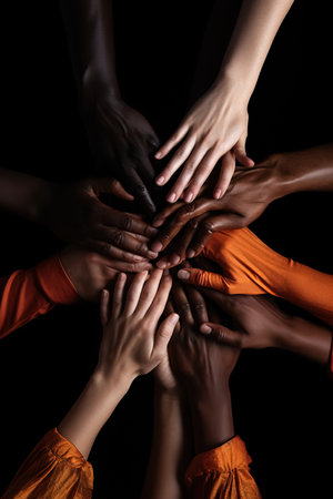 Hands joined in a gesture of collaboration, teamwork among different ethnicities.の素材