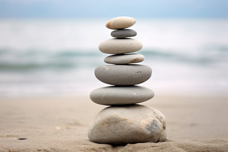 Stack of zen stones in harmony and balance with sea viewの素材