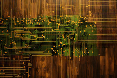 An incredible background simulating golden technological chips on woodの素材
