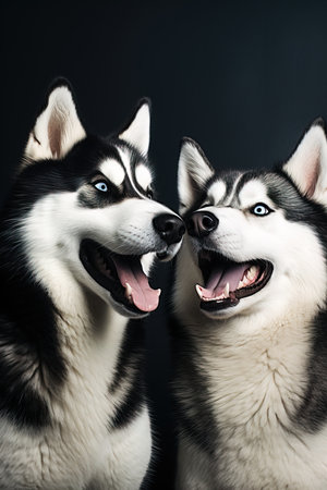 Siberian Huskies playfully nuzzling with a hint of mischiefの素材