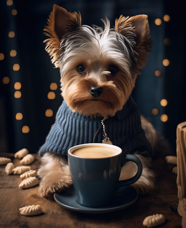 Yorkshire Terrier in blue sweater with a cup of coffee amidst winter decorationsの素材