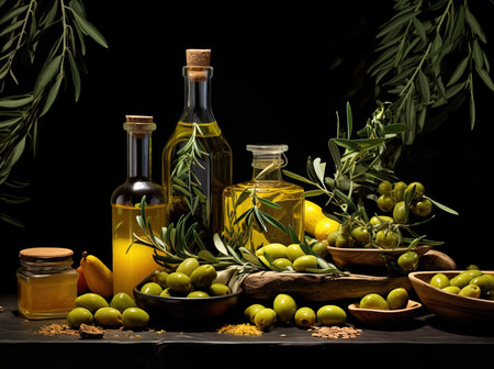 Variety of olive oils, fresh olives, and accompanying herbs on a dark surfaceの素材
