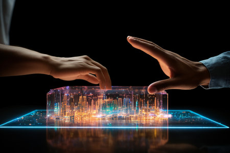 Two hands interacting with futuristic holographic city projection on dark backgroundの素材