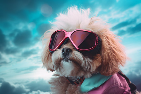 Adventurous pup in pink sunglasses ready for funの素材