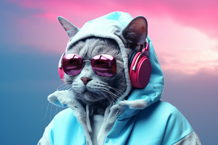 Hip cat enjoying beats with sunglasses and headphonesの素材
