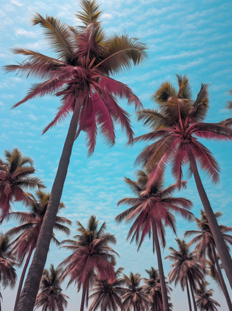 Majestic palm trees against a vibrant cyan skyの素材
