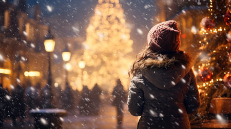 Child from behind viewing lit Christmas treeの素材