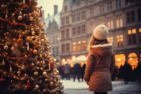 Contemplative youth by decorated Christmas treeの素材