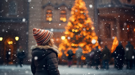 Enthralled girl gazing at glowing Christmas treeの素材