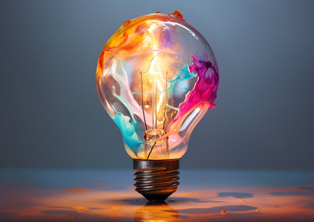 Lightbulb embraced by a dynamic display of swirling colors on a soft backgroundの素材