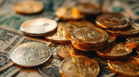 Crypto Wealth Concept - Bitcoin on Dollar Backgroundの素材