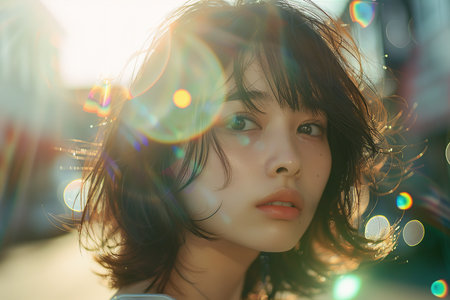 Natural Beauty: Radiant Girl with Sunlight in Her Hairの素材