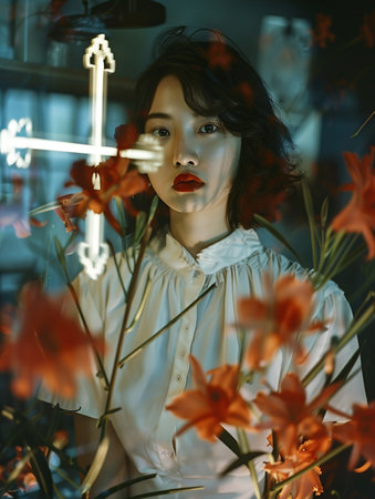 Floral Fantasy: Ethereal Girl in a Reflective Flower Wonderlandの素材