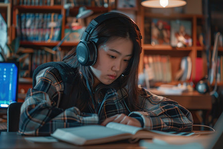 Library Focus: Girl Studying Hard with Headphones Onの素材