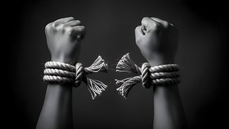 Black and white image of hands tied up with a rope on a black backgroundの写真素材