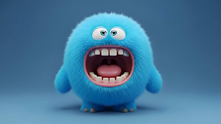Funny blue furry monster with open mouth. 3d render illustrationの写真素材