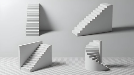 3d rendering of white stairs in a room with wall and floor tilesの写真素材