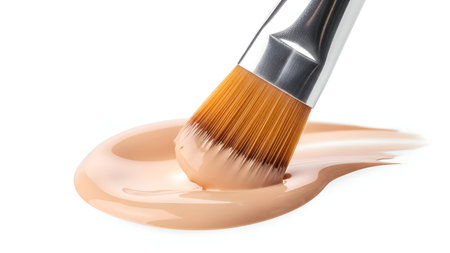 close up of a make up brush and foundation powder on white backgroundの写真素材