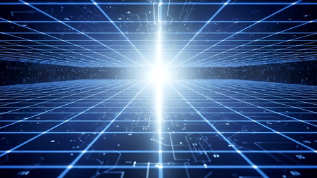 This image depicts a futuristic, abstract grid network with intersecting lines converging towards a bright, central light source. The grid lines are illuminated with a blue hue, creating a sense of depth and dimension. The central light appears to be the focal point, emitting rays that radiate outward, symbolizing connectivity and technological advancement.の素材