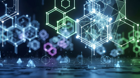 This image features a vibrant and intricate abstract design composed of interconnected hexagonal shapes. The hexagons are rendered in various colors, including green, blue, purple, and white, creating a visually striking effect. The hexagonal network appears to float against a dark, blurred background, giving the image a sense of depth and dimension. The overall composition suggests themes of connectivity, technology, and modern design.の素材