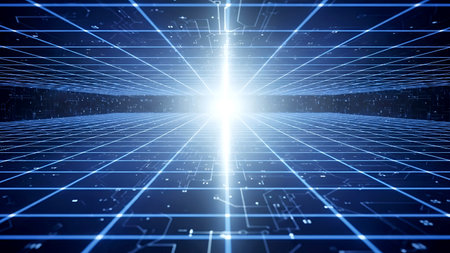 An image depicting a futuristic, grid-like network with intersecting lines converging towards a bright, central light source. The network appears to be set against a dark background, creating a stark contrast that emphasizes the intricate patterns and the illuminating center.の素材