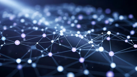 This image depicts an abstract representation of interconnected nodes and lines, symbolizing a complex network. The nodes are connected by thin lines, creating a web-like structure. The background is dark with scattered points of light, adding depth and dimension to the image. The overall theme suggests technology, data, or communication networks.の素材