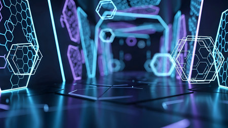The image depicts a futuristic digital network setup with interconnected hexagonal nodes. The nodes are illuminated with neon lights, creating a vibrant and advanced technological atmosphere. The central focus is a laptop connected to the network, suggesting a hub for data transfer and communication. The background features abstract digital shapes and patterns, emphasizing the complexity and sophistication of the system.の素材