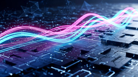 This image depicts an abstract digital circuit with intricate patterns of interconnected nodes and vibrant, flowing lines representing data transfer. The circuit board features a complex arrangement of components, highlighted by neon pink and blue light trails that symbolize the movement of data. The overall aesthetic conveys a sense of advanced technology and high-speed communication.の素材