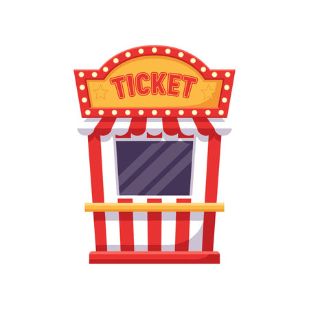 Brightly colored ticket booth with a retro design, ideal for event promotions, festivals, fairs, and entertainment marketing. Perfect for commercial use in advertising, social media, and print materials.