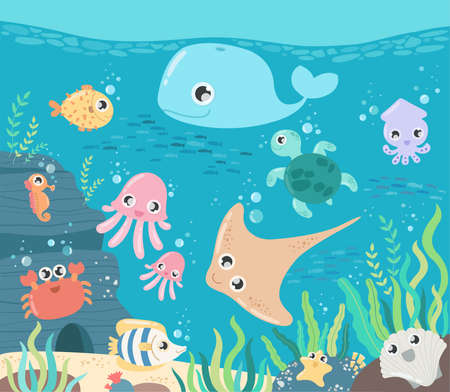 Fish and wild marine animals in ocean. Sea world dwellers, cute underwater creatures, coral reef inhabitants in their natural habitat, undersea fauna of tropics.のイラスト素材