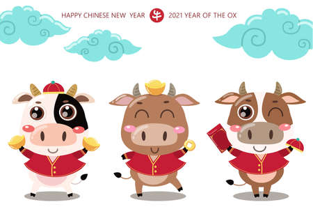 Happy Chinese new year greeting card. 2021 Ox zodiac. Cute cow in red costume and gold money. Animal holidays cartoon character.のイラスト素材