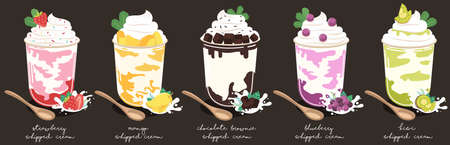 dessert of whipped cream and fruits berries in plastic cup isolated on black background.