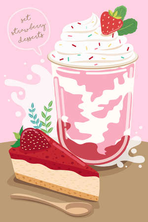 Set of delicious sweets and desserts with strawberry flavor.のイラスト素材